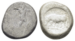 Italy. Northern Lucania, Poseidonia, c. 420-410 BC. AR Stater (8,4mm, 7.5g). Poseidon, bearded and nude but for chlamys draped over both arms, standin...