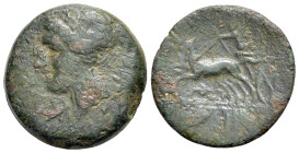 Italy, Bruttium, The Brettii, c. 214-211 BC. Æ (17mm, 4.29g, 10h). Winged and diademed bust of Nike to left. R/ Zeus, brandishing thunderbolt and hold...