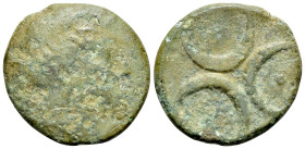 Italy, Bruttium, Kroton, c.300-250 BC. Æ (18mm, 3.38g). Wreathed head of Persephone r. R/ Three crescents. HNItaly 2234; SNG ANS 444-6. Scarce, green ...