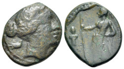 Sicily, Messana. The Mamertinoi, 215-202 BC. Æ Onkia (13mm, 1.52g, 6h). Head of Aphrodite r.; dove to l. R/ Warrior standing l., holding sheathed swor...