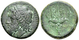 Sicily, Syracuse. Hieron II. 275-215 BC. Æ (21mm, 9.34g, 9h). Head of Zeus left, wearing tainia. R/ Ornate trident head flanked by dolphins. BAR Issue...