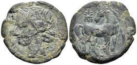 Carthage, Second Punic War, c. 215-201 BC. Æ Shekel (23mm, 7.29g, 12h). Wreathed head of Tanit l. R/ Horse standing r., looking l.; palmette standard ...