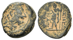 Seleukid Kings. Alexander II Zabinas (128-123 BC). Æ (18,2mm, 5.7g). Antioch. Diademed head of Alexander II r. R/ Dionysus standing l., holding cantha...