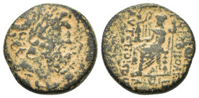 Seleukis and Pieria, Antioch, c. 38-35 BC. Æ Tetrachalkon (19,8mm, 7.5g), uncertain year. Laureate head of Zeus r. R/ Zeus Nikephoros seated l. HGC 9,...
