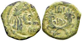 Nabataea, Aretas IV and Shaqilat (9 BC-AD 40). Æ (18mm, 3.04g, 12h). Petra, 20-40. Jugate, draped busts of Aretas and Shaqilat r. R/ Crossed cornucopi...