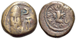 Kings of Elymais, Orodes II (c. AD 150-200). Æ Drachm (14mm, 3.65g, 6h). Bearded facing bust wearing tiara; crescent and anchor to r. R/ Bust of Belos...