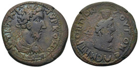 Commodus (177-192). Moesia Inferior, Tomis. Æ Tetrassarion (26,7mm, 10g). Laureate, draped and cuirassed bust r. R/ Bust of Serapis right wearing kala...