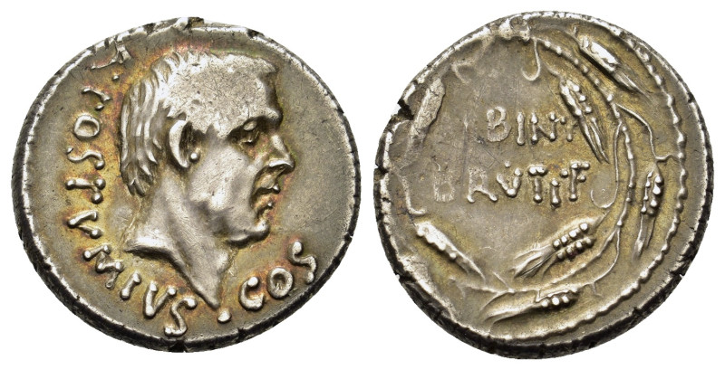 Albinus Bruti f, 48 BC. AR Denarius (17mm, 3.9g), Rome. A•POSTVMIVS•COS Bare hea...