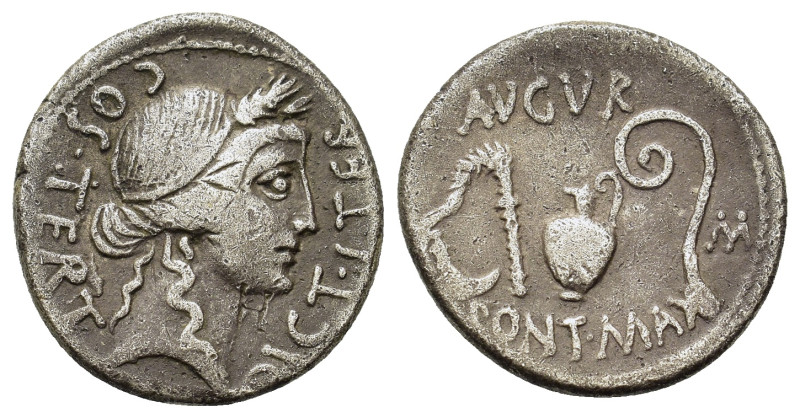 C. Julius Caesar, Uncertain mint, 46 BC. AR Denarius (16,3mm, 3.2g). Head of Cer...