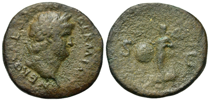 Nero (54-68). Æ As (28mm, 9.5g). Rome, AD 65. Laureate head r. R/ Victory flying...