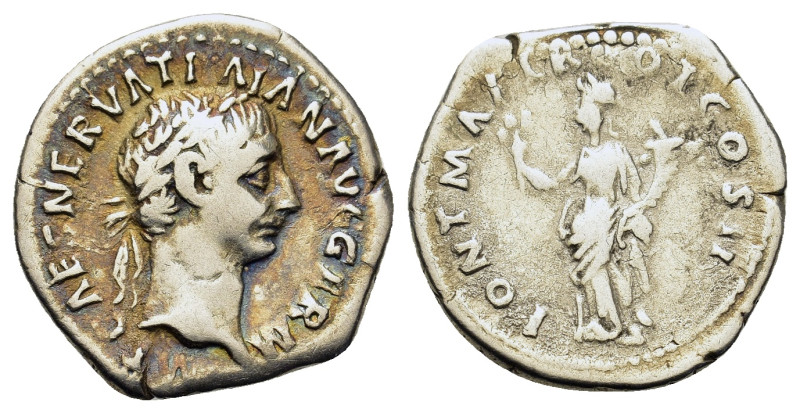 Trajan (98-117). AR Denarius (18,6mm, 3g). Rome, AD 98-99. Laureate head r. R/ F...