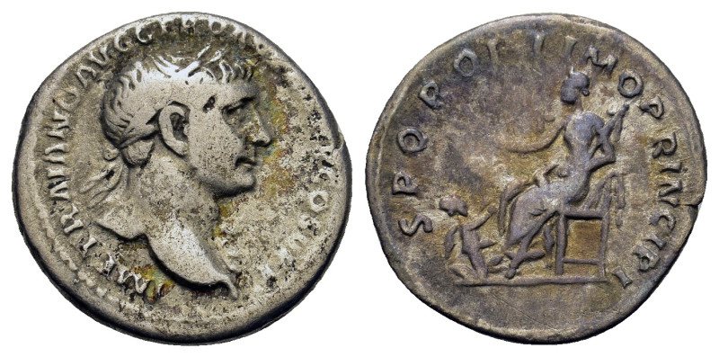 Trajan (98-117). AR Denarius (19mm, 2.8g). Rome, AD 107. Laureate bust of Trajan...