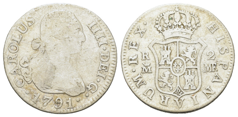 Spain. Charles IV (1788-1808). AR 2 reales 1791 M MF (13mm, 5.7g).