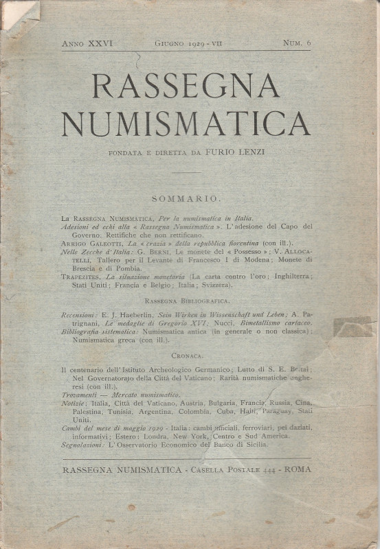 LENZI Furio. Rassegna Numismatica Giugno 1929. Roma, 1929 Brossura, pp. 48