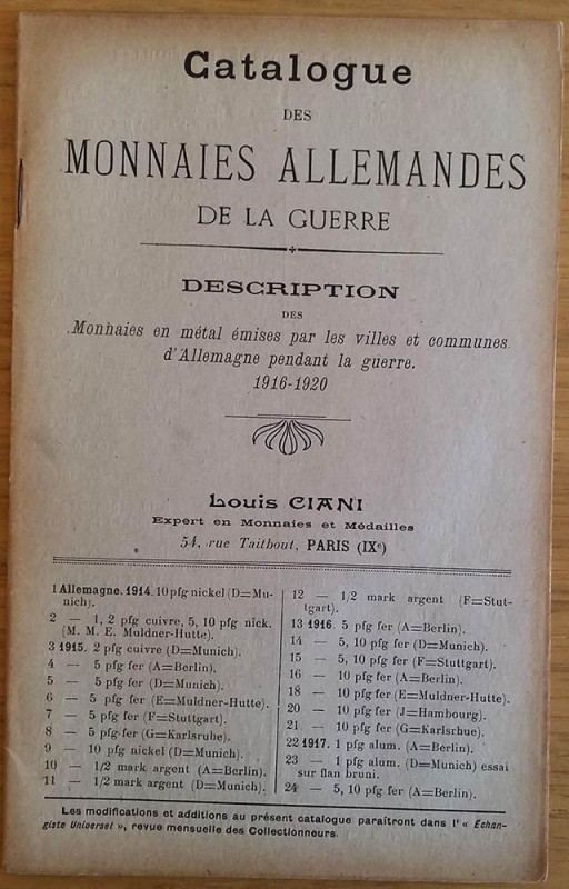 Ciani L. Catalogue des Monnaies Allemandes de la Guerre. Description des Monnaie...