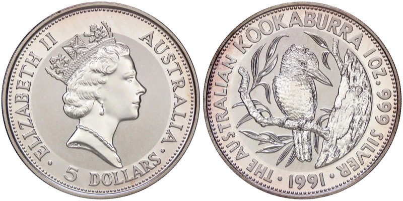 ESTERE - AUSTRALIA - Elisabetta II (1952-2022) - 5 Dollari 1991 - Kookaburra Kr....