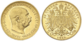 ESTERE - AUSTRIA - Francesco Giuseppe (1848-1916) - 20 Corone 1915 Kr. 2818  (AU g. 6,79)Riconio