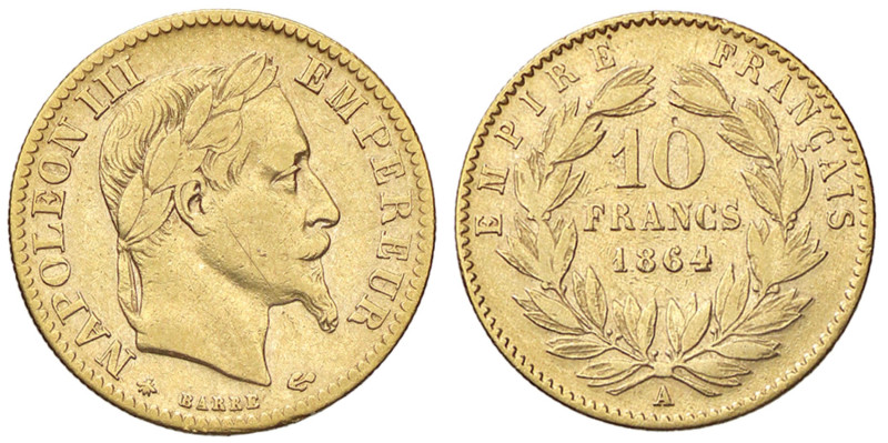 ESTERE - FRANCIA - Napoleone III (1852-1870) - 10 Franchi 1864 A - Testa laureat...