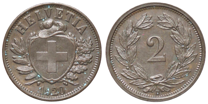 ESTERE - SVIZZERA - Confederazione - 2 Rappen 1920 B Kr. 4 CU Punti di ossidazio...