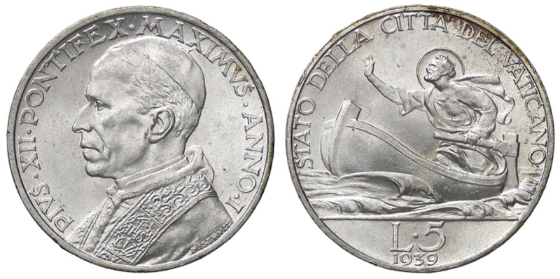 ZECCHE ITALIANE - ROMA - Pio XII (1939-1958) - 5 Lire 1939 A. I Pag. 754; Mont. ...