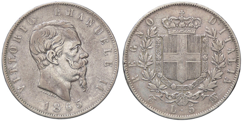 SAVOIA - Vittorio Emanuele II Re d'Italia (1861-1878) - 5 Lire 1865 T Pag. 487; ...