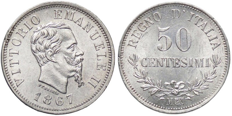 SAVOIA - Vittorio Emanuele II Re d'Italia (1861-1878) - 50 Centesimi 1867 M Valo...