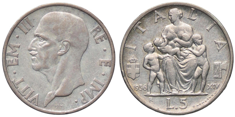 SAVOIA - Vittorio Emanuele III (1900-1943) - 5 Lire 1936 XIV Fecondità Pag. 719;...