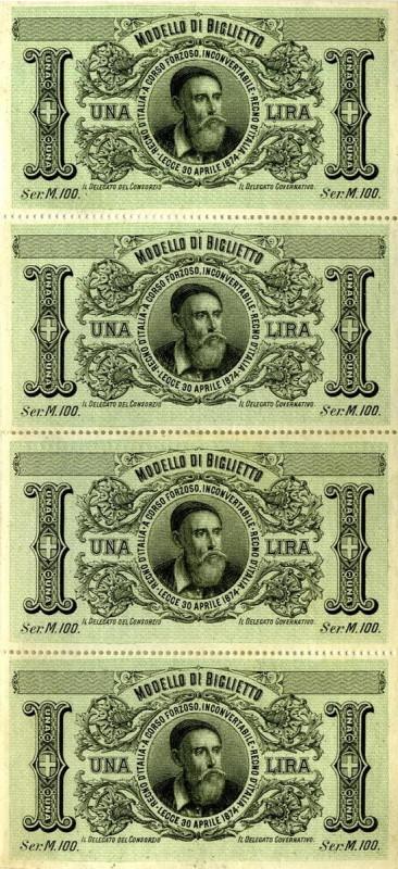 CARTAMONETA - Lira 1874 - Modello di biglietto R Foglio di 4 biglietti Uniface
...