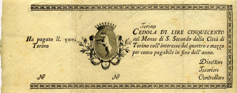 CARTAMONETA - SARDO-PIEMONTESE - Monte di San Secondo Torino - 500 Lire 1794-180...