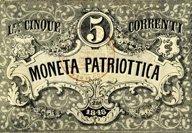 CARTAMONETA - LOMBARDO-VENETO - Moneta Patriottica di Venezia - 5 Lire 1848 Gav....