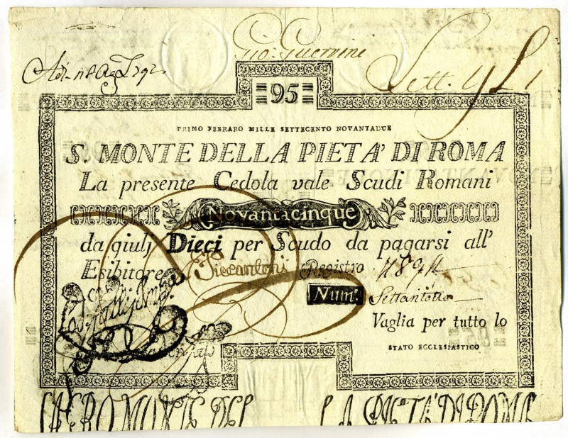 CARTAMONETA - STATO PONTIFICIO - Banco di S. Spirito di Roma (1786-1796) Tagli d...