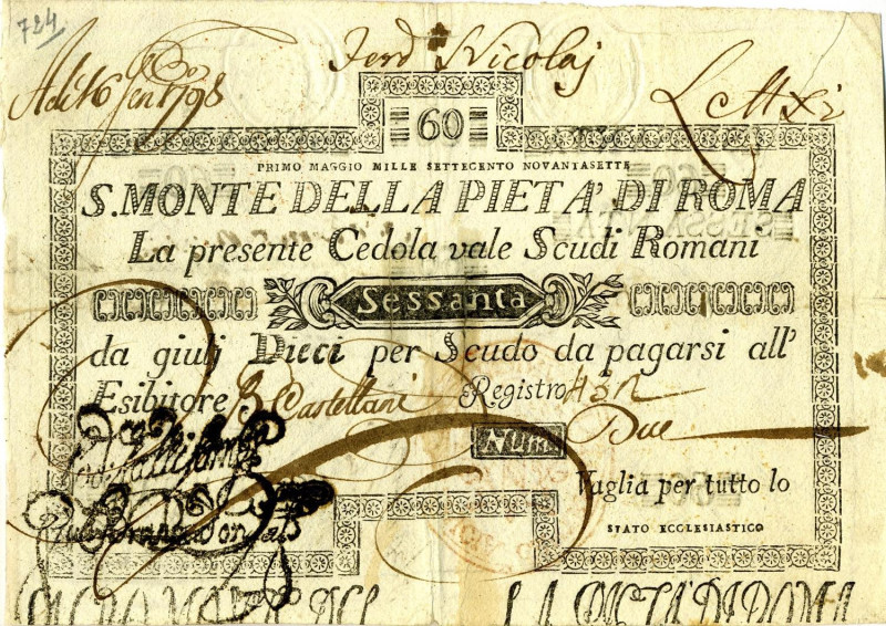 CARTAMONETA - STATO PONTIFICIO - Banco di S. Spirito di Roma (1786-1796) Tagli d...