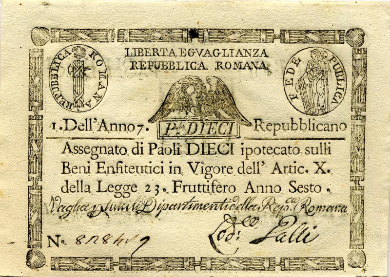 CARTAMONETA - STATO PONTIFICIO - Repubblica Romana Assegnati (1798) - 10 Paoli A...