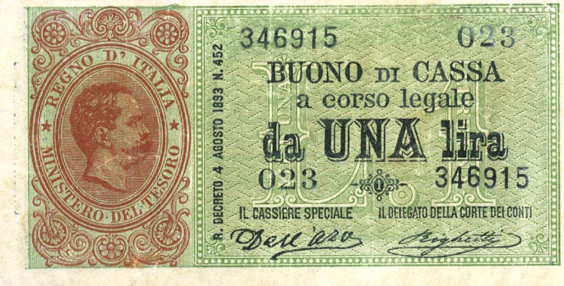 CARTAMONETA - BUONI DI CASSA - Umberto I (1878-1900) - Lira 15/09/1893 - Serie 1...