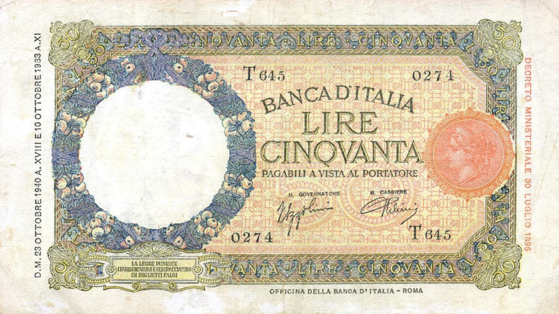 CARTAMONETA - BANCA d'ITALIA - Vittorio Emanuele III (1900-1943) - 50 Lire - Lup...