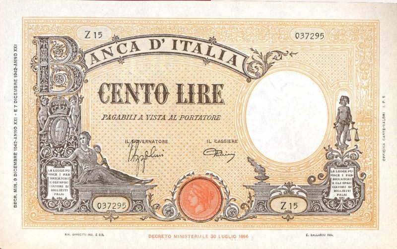 CARTAMONETA - BANCA d'ITALIA - Vittorio Emanuele III (1900-1943) - 100 Lire - Ba...