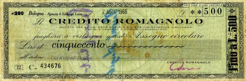 VARIE - Assegni 02/08/1966 Credito Romagnolo Bologna, da 500 lire RR

Status: ...