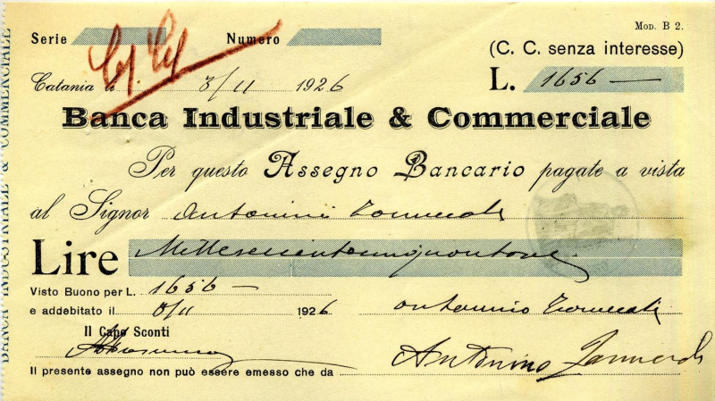 VARIE - Assegni 03/11/1926 Banca Industriale e Commerciale filiale di Catania, 1...