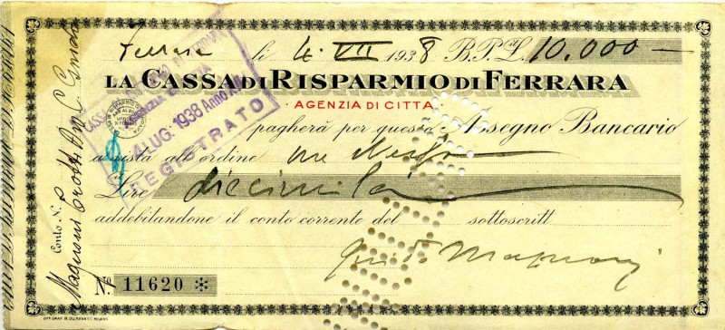 VARIE - Assegni 04/07/1938 Cassa di Risparmio di Ferrara, 10000 lire

Status: ...