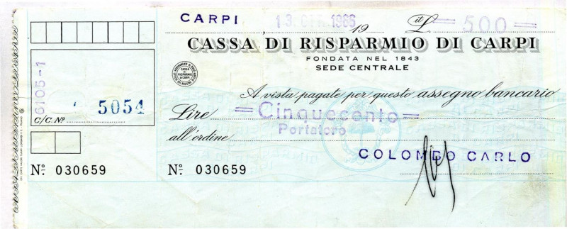 VARIE - Assegni 13/10/1966 Cassa di Risparmio di Carpi, da 500 lire RR

Status...