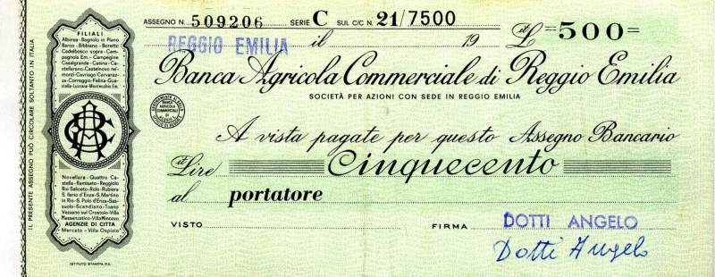 VARIE - Assegni 1966 Banca Agricola Commerciale Reggio Emilia, da 500 lire RR
...