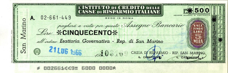 VARIE - Assegni 21/07/1966 Istituto di Credito Casse Risparmio Italiane Roma, da...