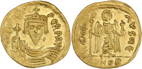 Phocas - Solidus (Constantinople)
A/ DN FOCAS...
R/ Officine ϵ

Or - 4,39 grs - 19,5 mm
Sear.620
TTB

Faiblesses de frappe sinon un très bel exemplair...