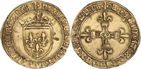 Charles VIII - Ecu d'or au soleil, 1ère émission modifiée (Bayonne)
A/ KROLVS au lieu de KAROLVS

Or - 3,33 grs - 27 mm
Gad.107
TTB

Variété de légend...