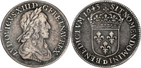 Louis XIII - 1/4 écu, 2nd poinçon de Warin, 1643 D (Lyon)

Argent - 6,35 grs - 27,5 mm
G.48 (R4)
TB

Très rare pour Lyon.
