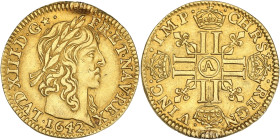 Louis XIII - 1/2 Louis d'or 1642 A (Paris)
Mèche longue. 
R/ CHRS +

Or - 3,31 grs - 20 mm
G.57 (R2)
TTB

Rare avec CHRS + au revers. Trace de monture...