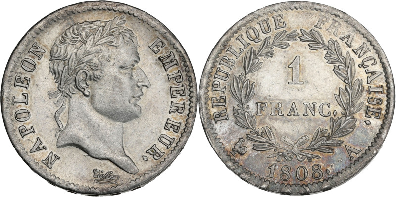 Napoléon Empereur tête laurée - 1 franc 1808 A (Paris)

Argent - 5,14 grs - 23...