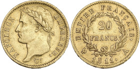 Napoléon Empereur tête laurée - 20 francs 1811 A (Paris)

Or - 6,44 grs - 21 mm
F.516-16 / G.1025
TTB