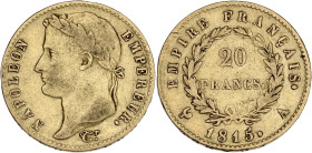 Napoléon Empereur tête laurée - 20 francs Cent-Jours 1815 A (Paris)

Or - 6,40 grs - 21 mm
F.516A-1 / G.1025a
TB

Assez rare pour les Cent-Jours.