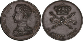 Henri V - Module de 5 francs 2 août 1830

Bronze - 21,55 grs - 37,5 mm
G.649
TTB+

Très bel exemplaire, quelques chocs.